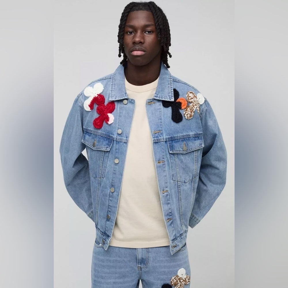Boohooman Mens Blue Denim Jacket with Floral Embroidery size M